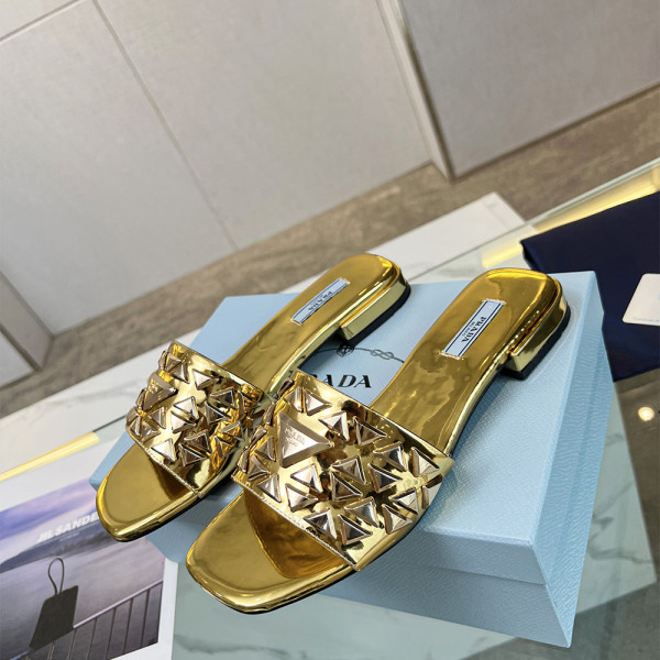 Prada, Embroidered Fabric Slides, Women's Slipper, Gold
