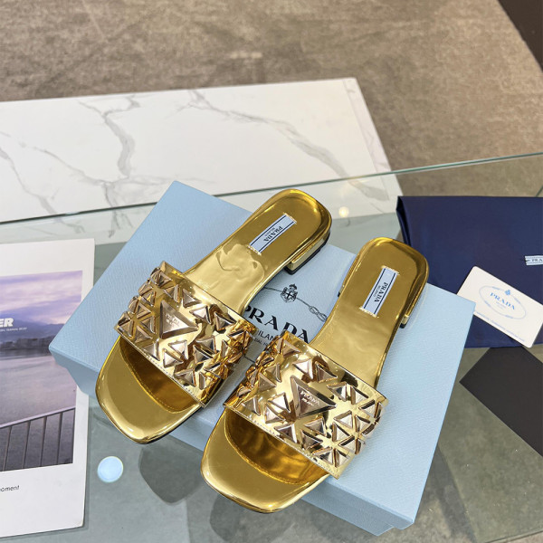 Prada, Embroidered Fabric Slides, Women's Slipper, Gold