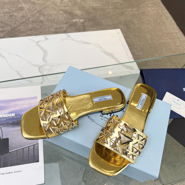 Prada, Embroidered Fabric Slides, Women's Slipper, Gold
