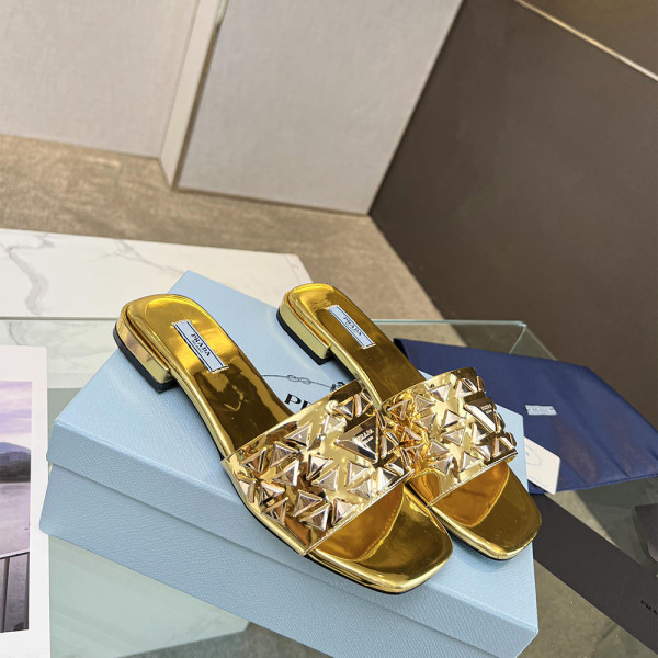 Prada, Embroidered Fabric Slides, Women's Slipper, Gold