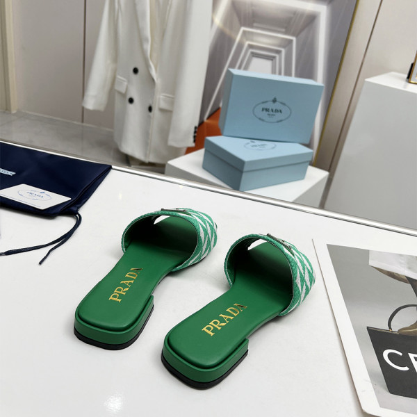 Prada, Embroidered Fabric Slides, Women's Slipper, Green