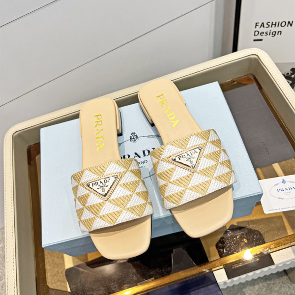 Prada, Embroidered Fabric Slides, Women's Slipper, Beige