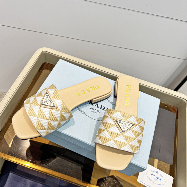 Prada, Embroidered Fabric Slides, Women's Slipper, Beige
