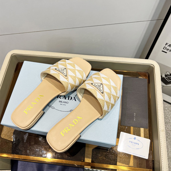 Prada, Embroidered Fabric Slides, Women's Slipper, Beige