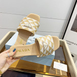 Prada, Embroidered Fabric Slides, Women's Slipper, Beige
