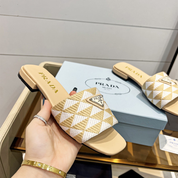 Prada, Embroidered Fabric Slides, Women's Slipper, Beige