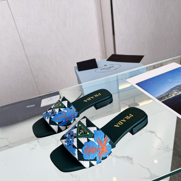 Prada, Embroidered Fabric Slides, Women's Slipper, Blue
