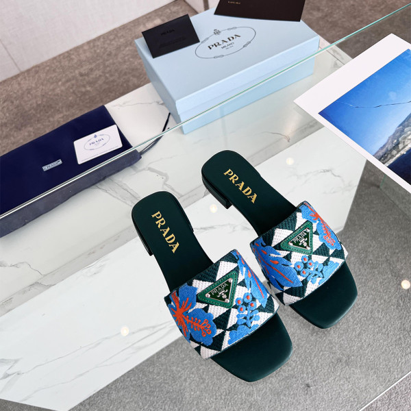 Prada, Embroidered Fabric Slides, Women's Slipper, Blue